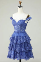 Vestido de Fiesta Corto Azul Oscuro con Corsé en Línea A y Niveles de Encaje Adorable