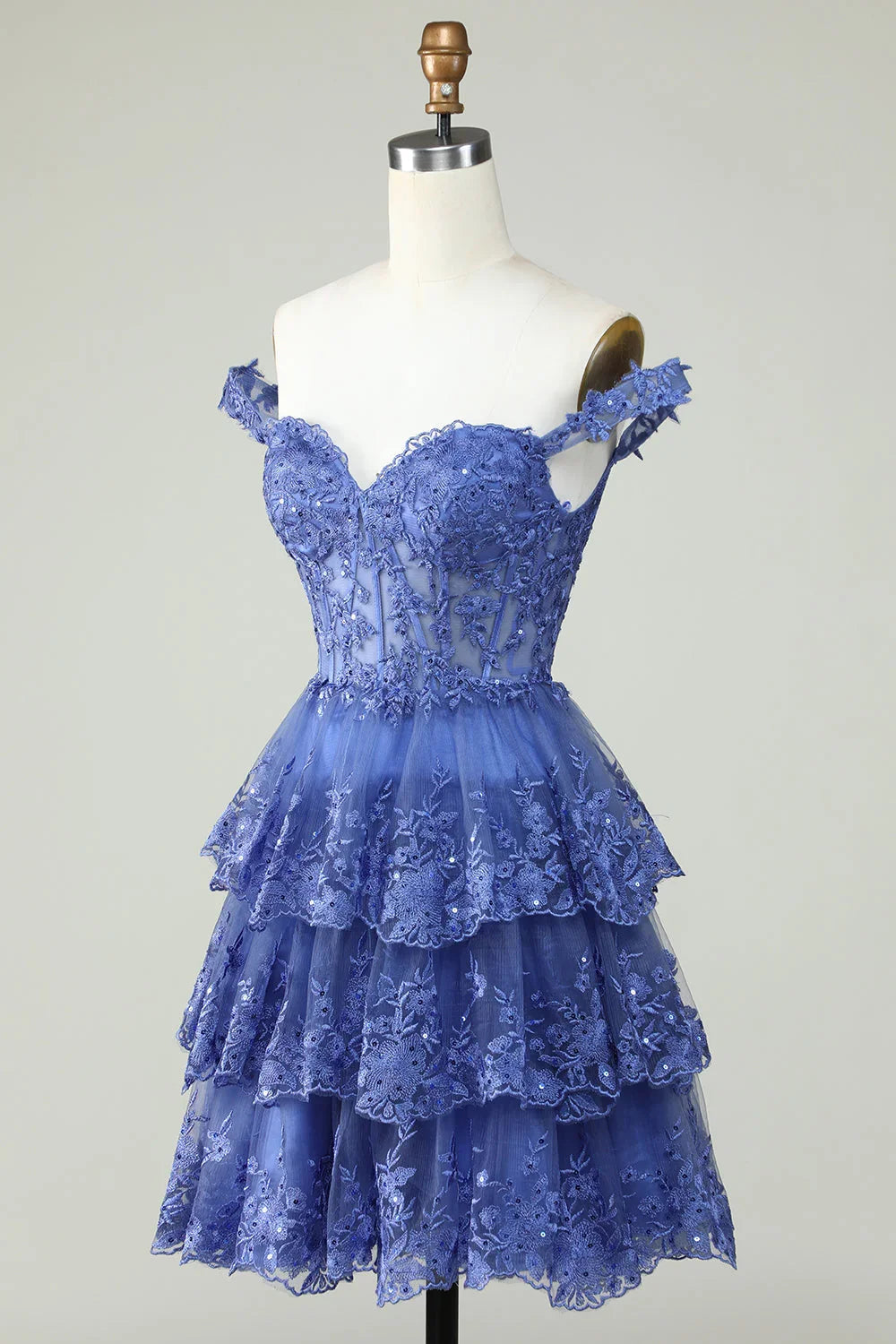 Niedliches A-Linien-Korsett mit gestaffeltem kurzem dunkelblauem Abschlussballkleid mit Spitze