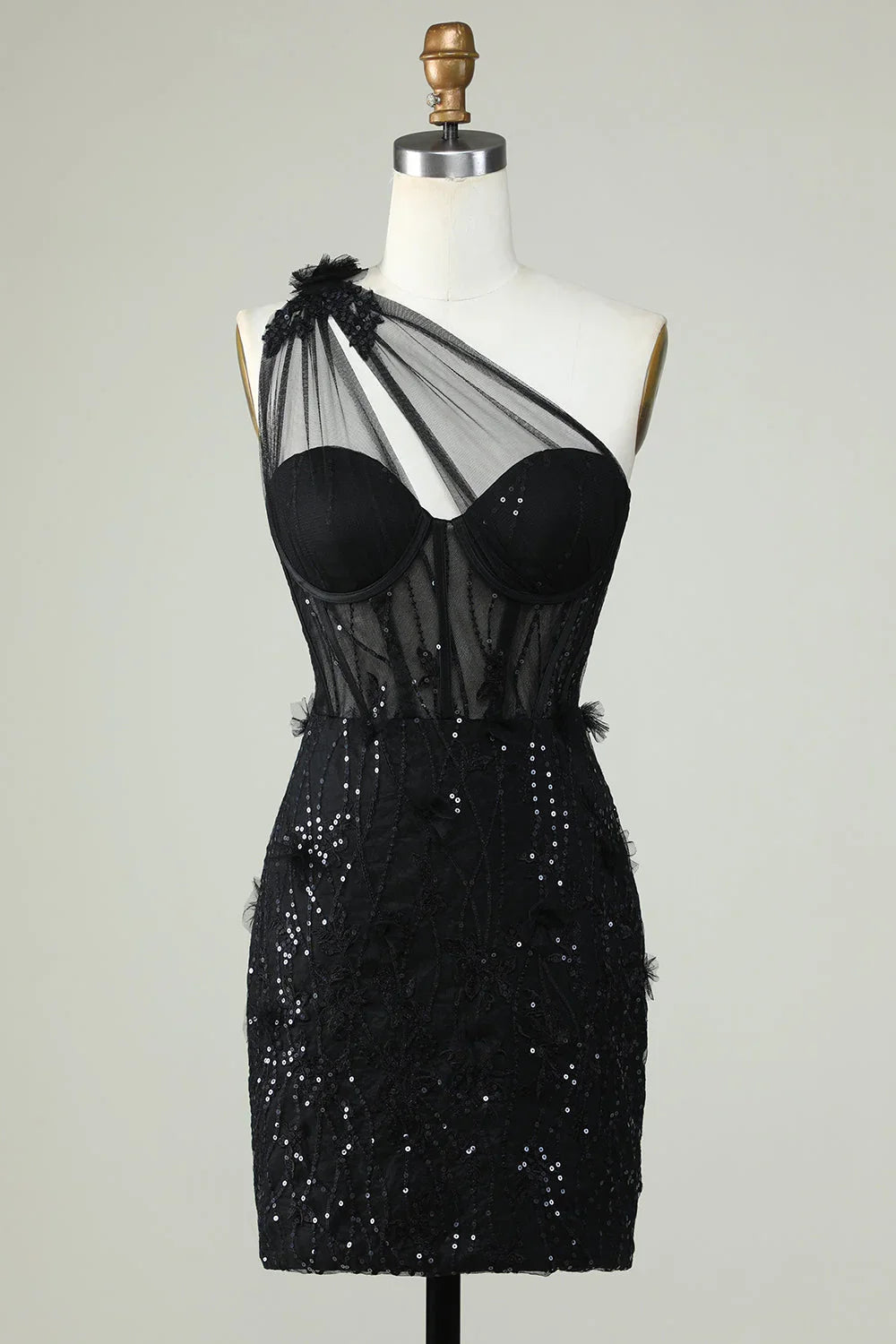 Black Bodycon One Shoulder Corset Short Homecoming Dress with Appliques