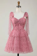 Abito da Homecoming in Tulle Stampato a Linea A con Scollo a V
