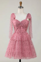 Abito da Homecoming in Tulle Stampato a Linea A con Scollo a V