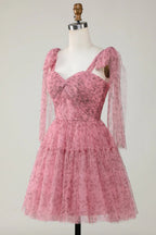 Abito da Homecoming in Tulle Stampato a Linea A con Scollo a V