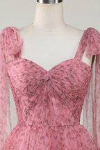 Abito da Homecoming in Tulle Stampato a Linea A con Scollo a V