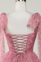 Abito da Homecoming in Tulle Stampato a Linea A con Scollo a V