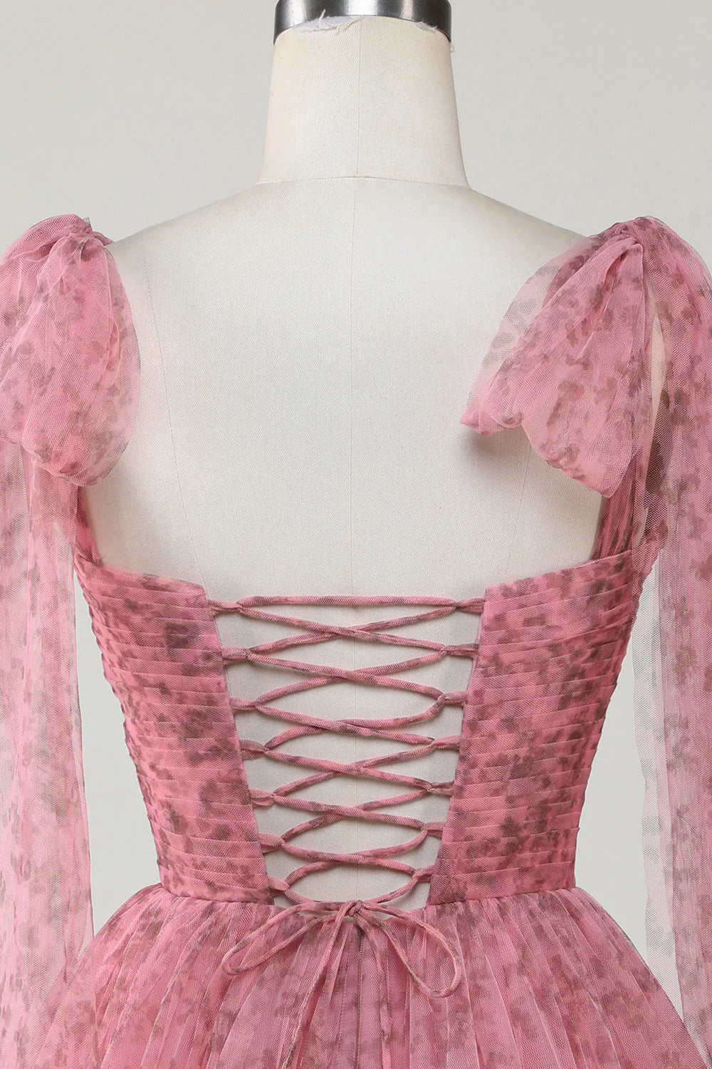 Vestido de Baile de Tule Impresso em Linha A Cor-de-Rosa