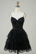 Niedliches Schwarzes A-Linien Funkelndes Pailletten Etagen Korsett Kurzes Homecoming Kleid