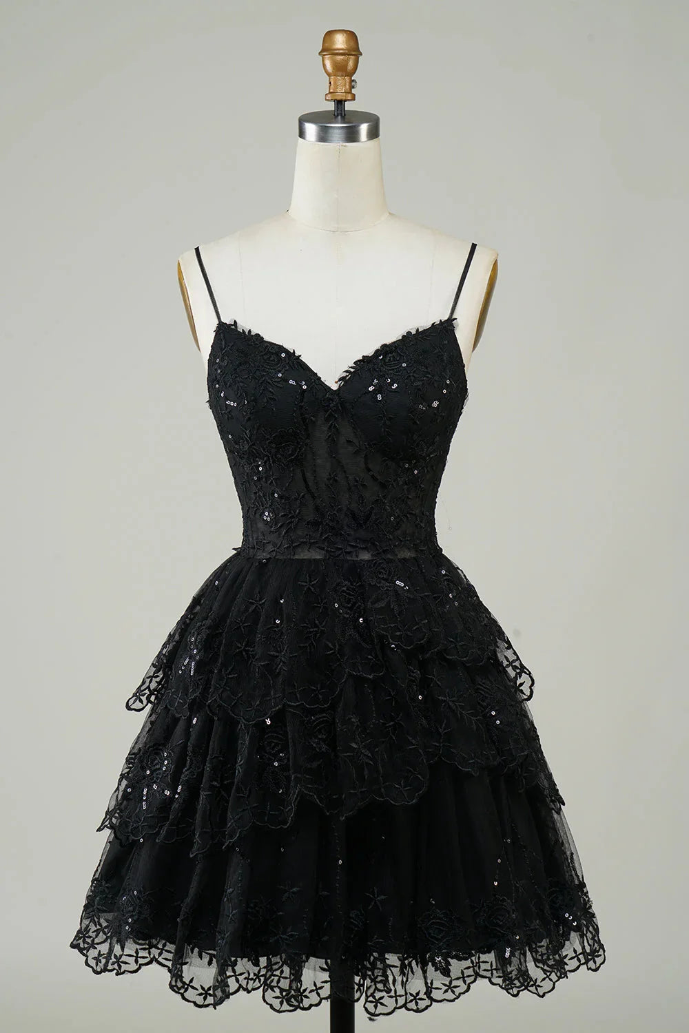 Niedliches Schwarzes A-Linien Funkelndes Pailletten Etagen Korsett Kurzes Homecoming Kleid