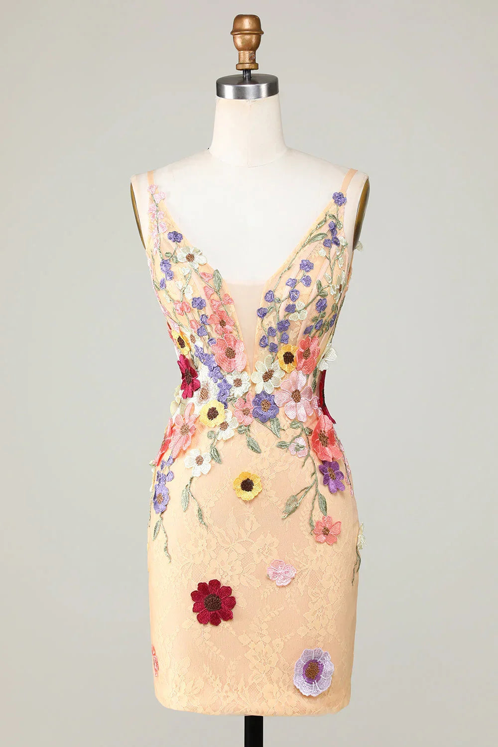 Champagne Bodycon Deep V-Neck Short Homecoming Dress with Appliques