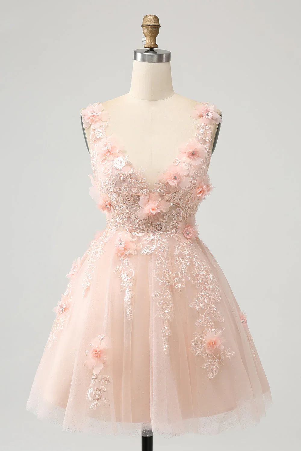 Vestido Corto de Regreso a Casa con Corsé de Lentejuelas en Forma de A, Escote en V y Aplicaciones, en un Tierno Color Rubor