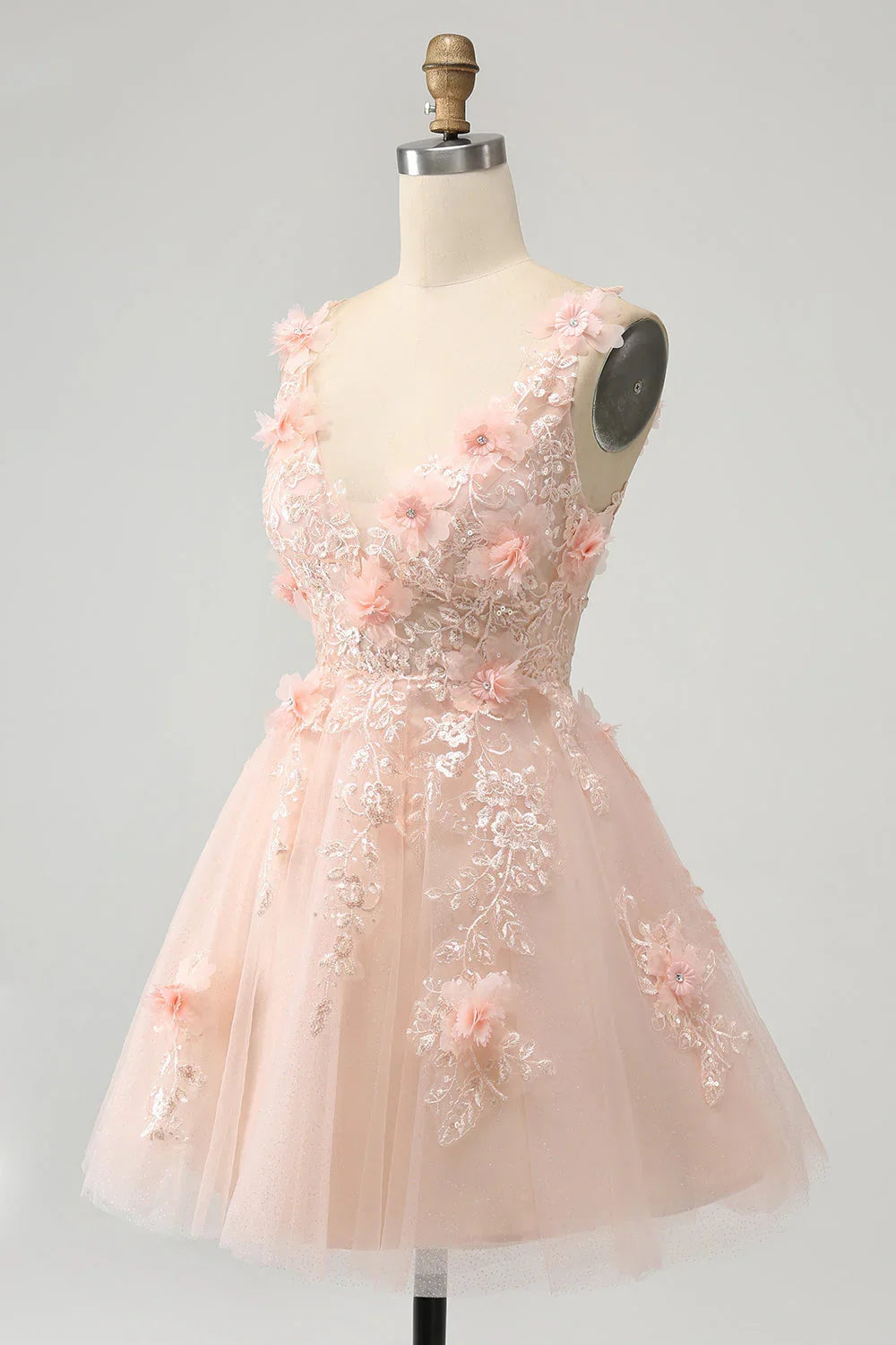 Vestido Corto de Regreso a Casa con Corsé de Lentejuelas en Forma de A, Escote en V y Aplicaciones, en un Tierno Color Rubor