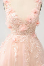 Vestido Corto de Regreso a Casa con Corsé de Lentejuelas en Forma de A, Escote en V y Aplicaciones, en un Tierno Color Rubor