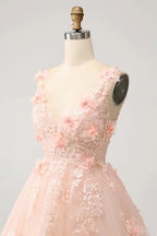 Vestido Corto de Regreso a Casa con Corsé de Lentejuelas en Forma de A, Escote en V y Aplicaciones, en un Tierno Color Rubor
