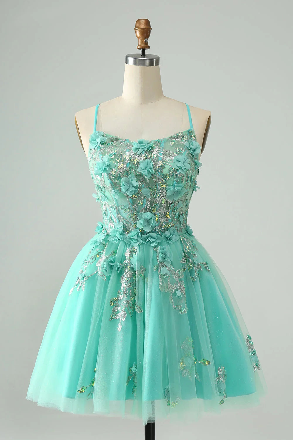 Vestido corto de fiesta de regreso a casa con corsé de tirantes spaghetti y aplicaciones en línea A verde lindo