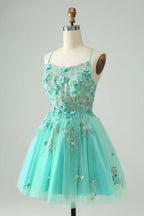 Vestido corto de fiesta de regreso a casa con corsé de tirantes spaghetti y aplicaciones en línea A verde lindo