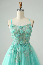 Vestido corto de fiesta de regreso a casa con corsé de tirantes spaghetti y aplicaciones en línea A verde lindo