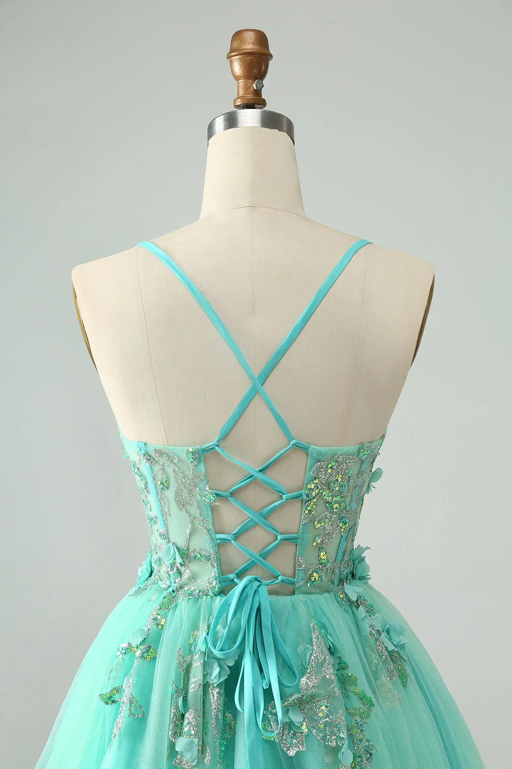 Vestido corto de fiesta de regreso a casa con corsé de tirantes spaghetti y aplicaciones en línea A verde lindo
