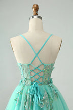 Vestido corto de fiesta de regreso a casa con corsé de tirantes spaghetti y aplicaciones en línea A verde lindo