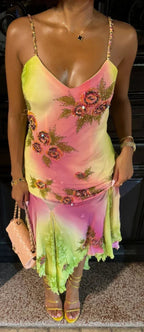 Rosa Grün Verlauf Perlenbesetzt Spaghetti-Träger Chiffon Lang Rüschen Abendkleid Party Abschlussballkleid Y8495