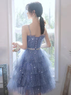 Vestido Corto Azul Hinchado de Tul para Promoción, Vestido Corto Azul Hinchado para el Baile de Regreso a Casa Y2620