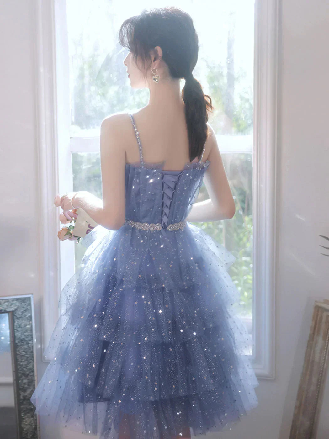 Vestido Corto Azul Hinchado de Tul para Promoción, Vestido Corto Azul Hinchado para el Baile de Regreso a Casa Y2620