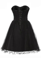 Vestido corto de cóctel negro de línea A con escote de corazón, satén de tul elegante con cuentas para fiesta de bienvenida Y8483