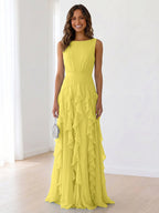 Sleeveless Tiered Chiffon Maxi Evening Gown with Ruched Bodice