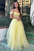 Schulterfreies A-Linien-Tüll-Ballkleid in Gelb, formelles Kleid PSK376