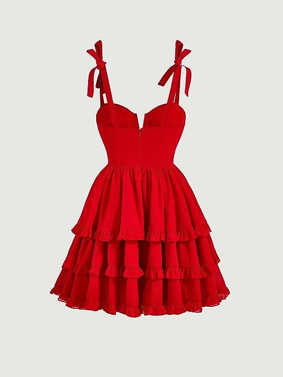 Vestido de fiesta de graduación rojo con hombros atados, falda acampanada y dobladillo con volantes Y2720