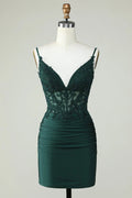 Bodycon Dark Green Spaghetti Straps Corset Homecoming Dress with Beading