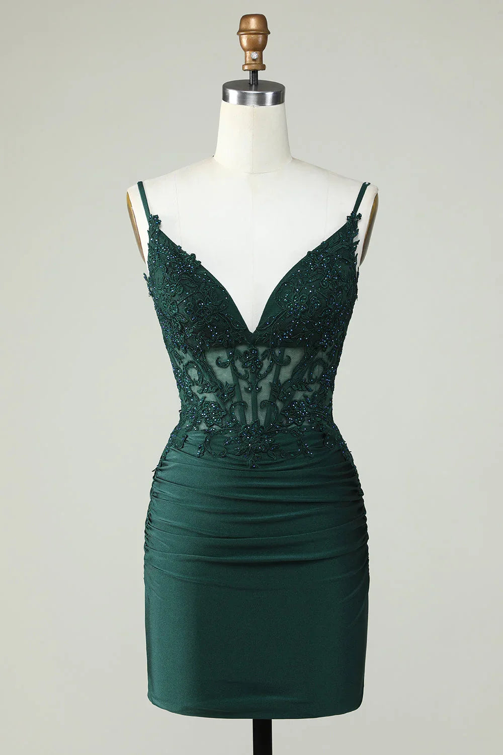 Vestido de Baile Bodycon Verde Escuro com Alças Finas e Corpete Aplicado a Missangas