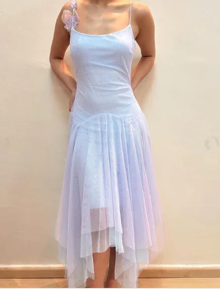 Lila Tüll A-Linien Partykleid mit Trägern Homecoming Kleid mit Blumen Y8143