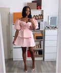 Rosa Satin Kurzes Homecoming-Kleid Mit Puffärmeln Y2183