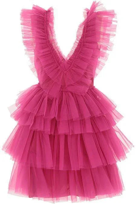 Un Abito da Ballo Corto a Strati con Scollatura a V e Linea A in Tulle per Feste e Cerimonie Y1458