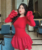 Rotes Langarm-Kleid A-Linie Mini Cocktailkleid Vornehmes Homecoming-Kleid Y8103