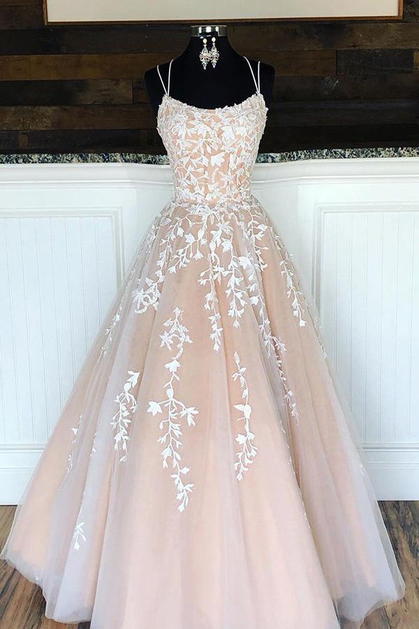 A line Appliques Prom Dresses Spaghetti Straps Long Evening Dress PSK203