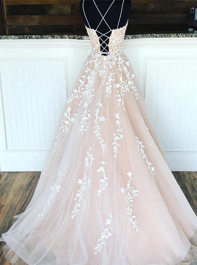A line Appliques Prom Dresses Spaghetti Straps Long Evening Dress PSK203