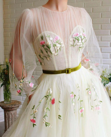 A-line Long Sleeves Tulle Yellow Prom Dress With Embroidery PSK148