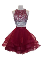 Vestidos de baile de duas peças em organza bordeaux com decote em A e missangas PD170
