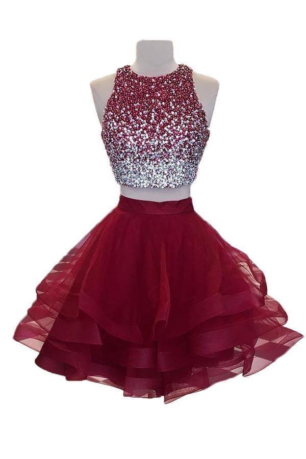 Vestidos de baile de duas peças em organza bordeaux com decote em A e missangas PD170