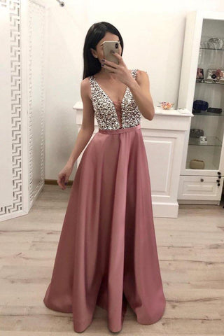 A-Linie Perlenbesetztes Satin-Ballkleid V-Ausschnitt Ärmelloses Ballkleid PG872