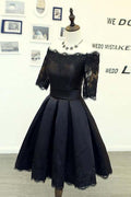 Robe de bal A-line noire à manches courtes avec application de dentelle PD134
