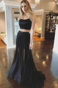 Robe de bal longue noire deux pièces à bretelles spaghetti dos croisé ligne A PG914