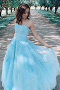 Robe de soirée longue de bal avec applications de dentelle bleue en ligne A PSK196