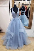Vestido de Fiesta Largo y Azul en Línea A con Escote en V Profundo de Tul PG900