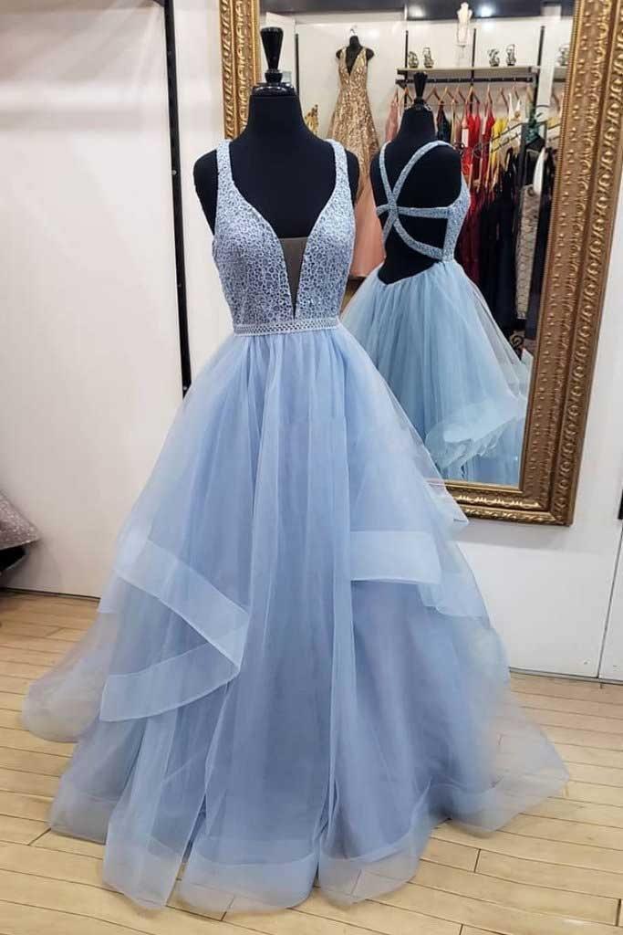 Vestidos de baile longos azuis em linha A, decote em V profundo, vestidos de festa em tule PG900