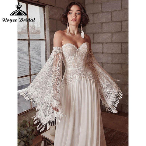 A-Linie Boho Böhmen Brautkleid Lange Flare Ärmel Spitze Chiffon Rückenfrei Hofschleppe Herzausschnitt Robe De Mariée Sheer 2022