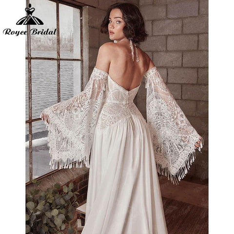 A-Linie Boho Böhmen Brautkleid Lange Flare Ärmel Spitze Chiffon Rückenfrei Hofschleppe Herzausschnitt Robe De Mariée Sheer 2022