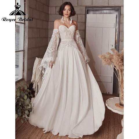 A-Linie Boho Böhmen Brautkleid Lange Flare Ärmel Spitze Chiffon Rückenfrei Hofschleppe Herzausschnitt Robe De Mariée Sheer 2022
