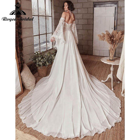 A-Linie Boho Böhmen Brautkleid Lange Flare Ärmel Spitze Chiffon Rückenfrei Hofschleppe Herzausschnitt Robe De Mariée Sheer 2022