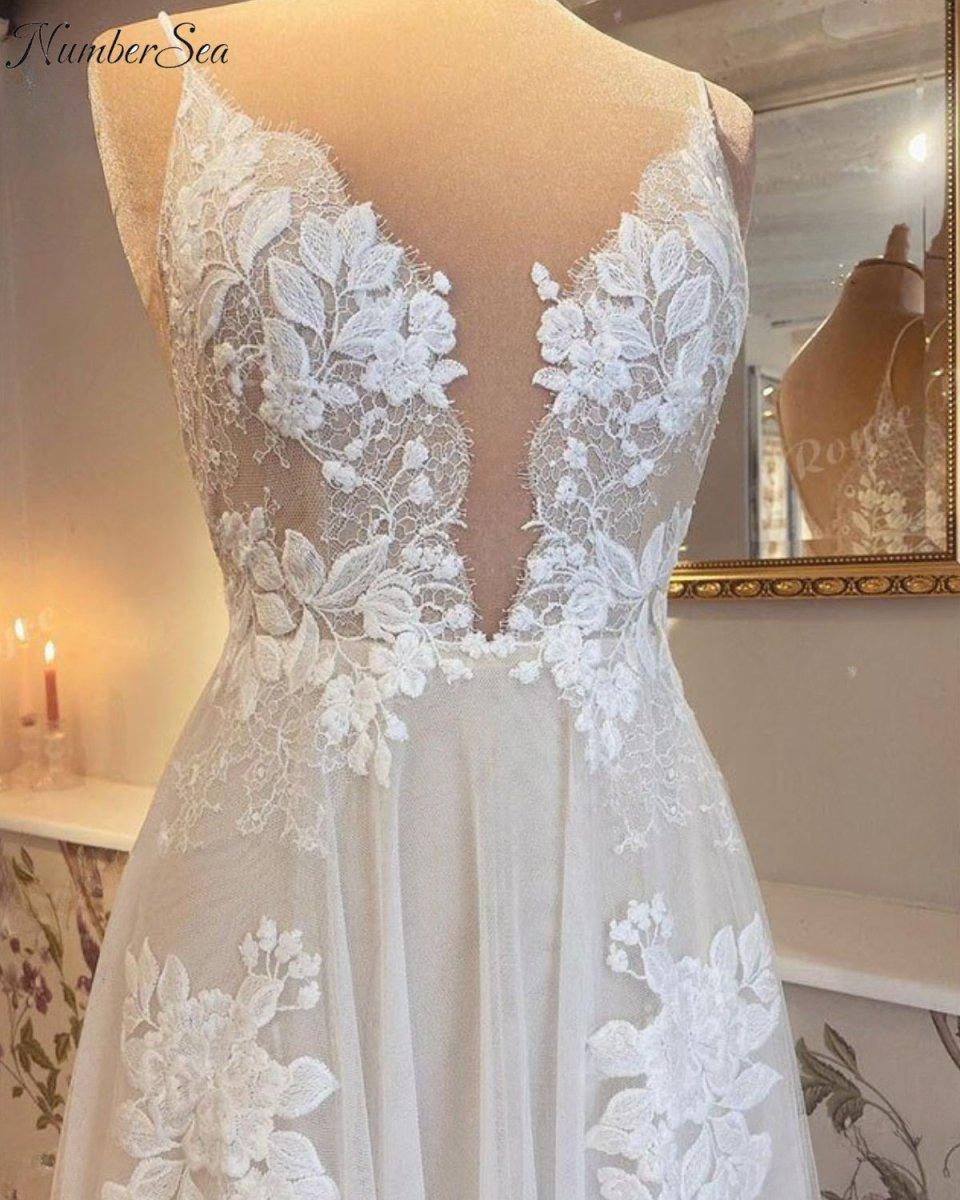 A Line Boho Wedding Dress with V Neck Lace Appliqued Spaghetti Straps Sweep elegant